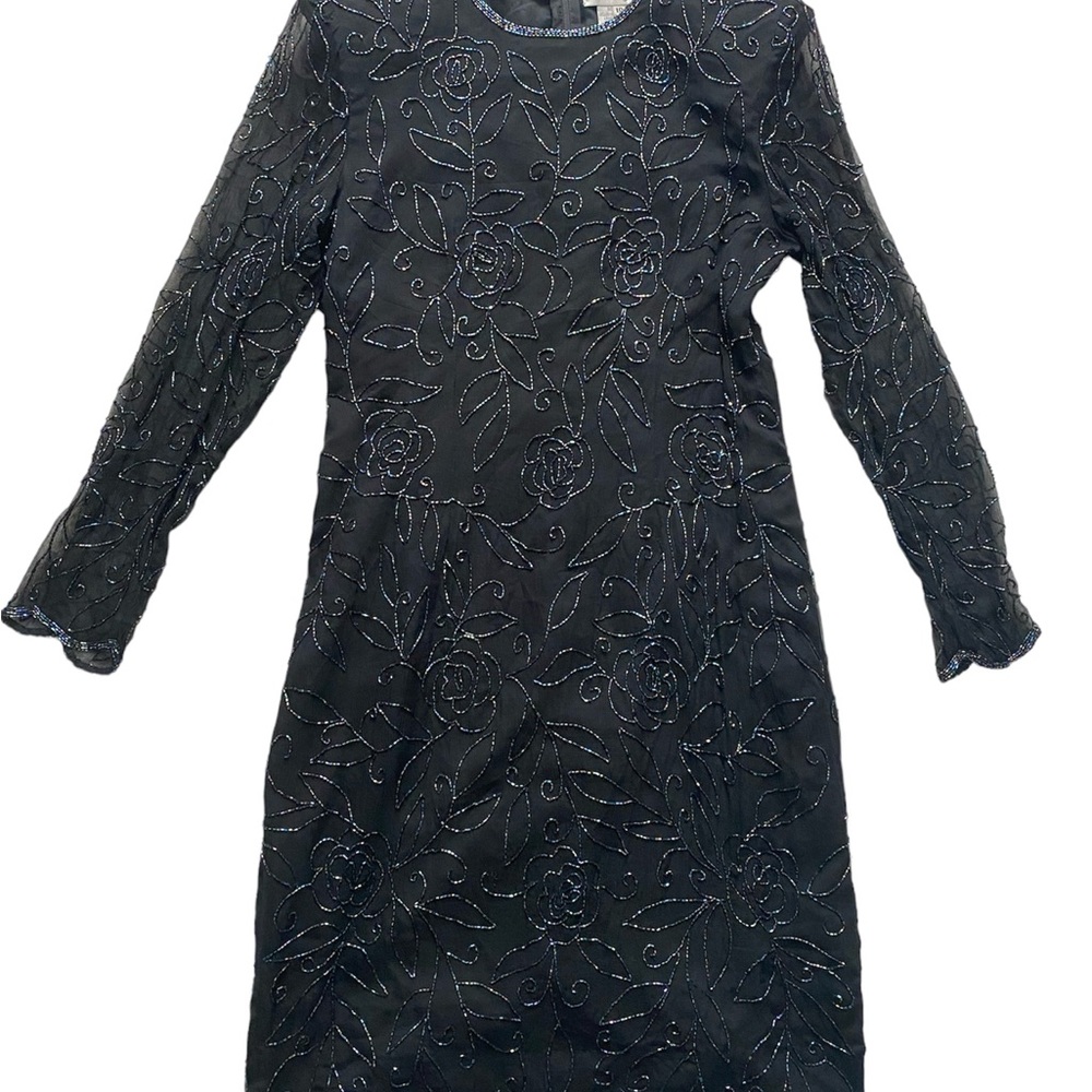 Vintage Papell Boutique Evening Dress Black Size 10 Silk Beaded Cocktail Party